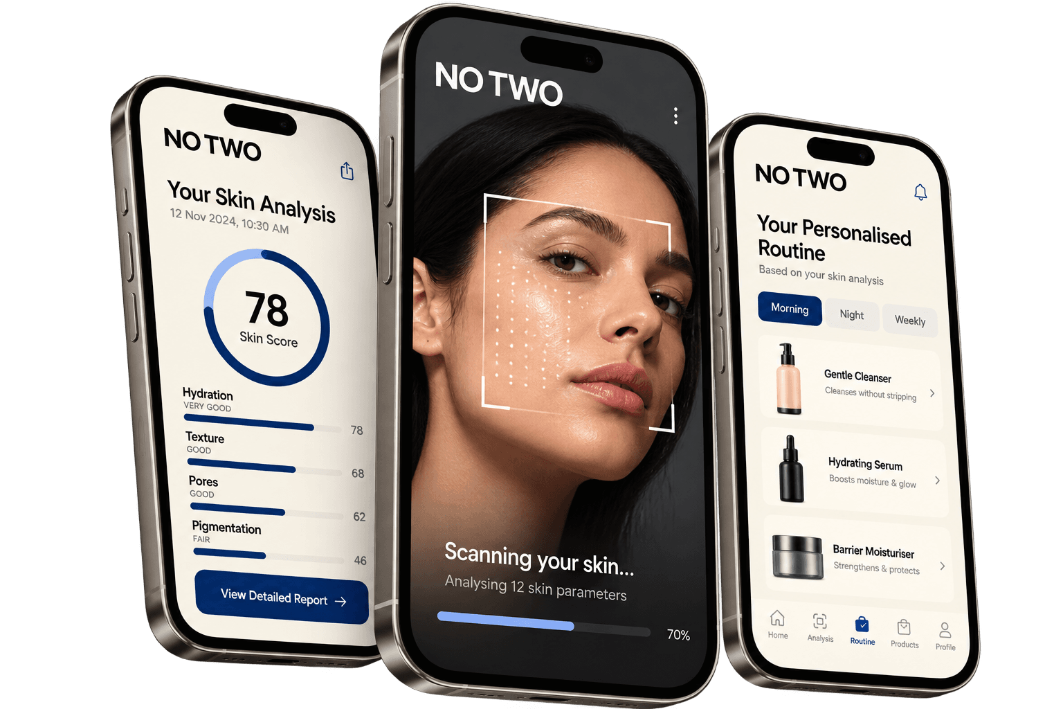 The NO TWO mobile app shown on two phone screens